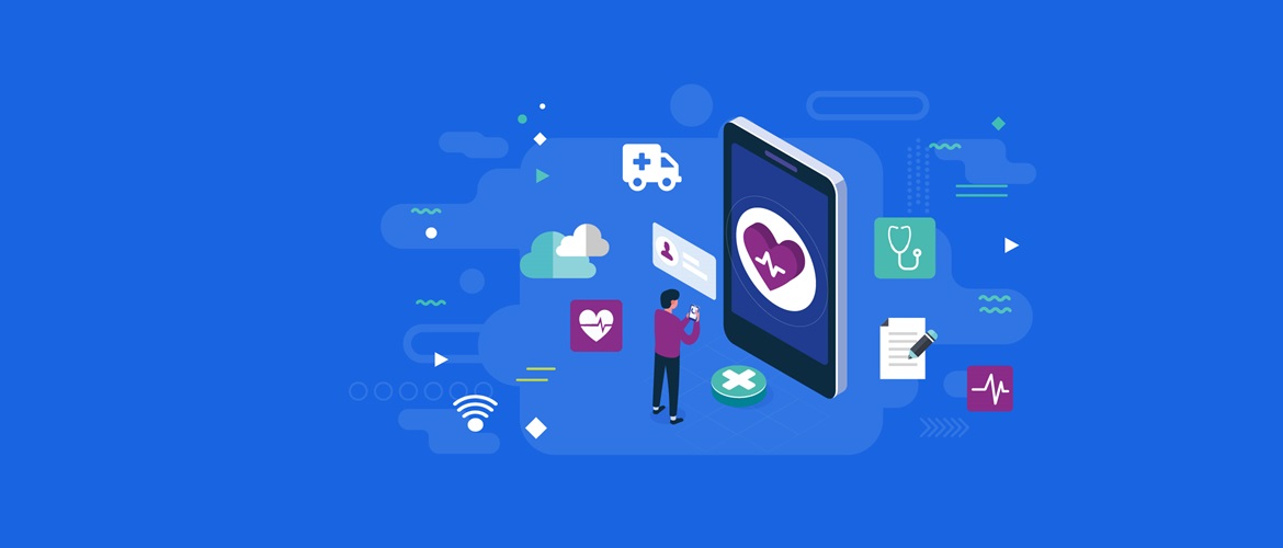 Blue background with icons of person, cloud, medical, ambulance, stethoscope, wireless