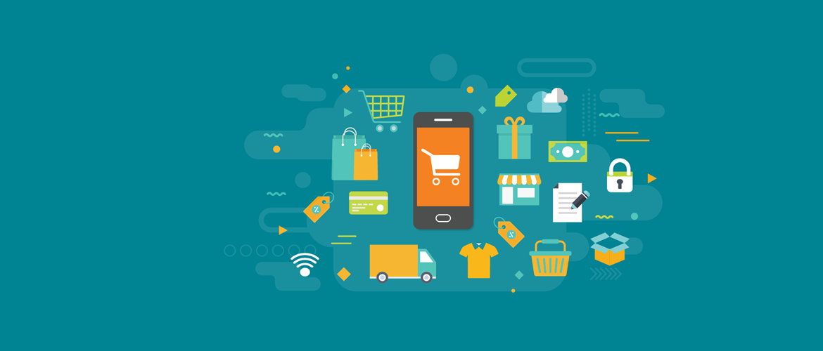  Teal background with icons, moble phone with shopping trolley icon
