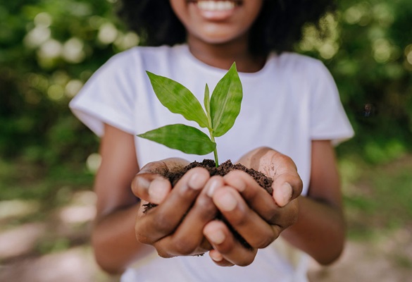 Girl in white shirt holding a plant in her hands