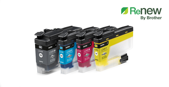 Empty ink cartridge with a recycling logo above on a green background