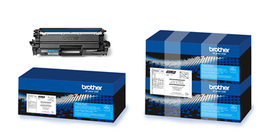 A toner cartridge above a blue Brother box and two blue Brother boxes stacked next to it