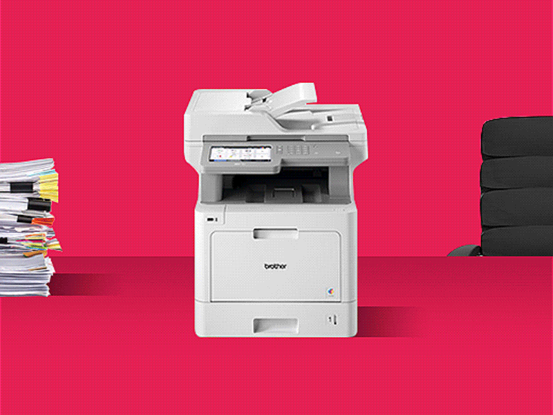 A Brother office business against a pink background prints out a document containing a padlock security symbol.